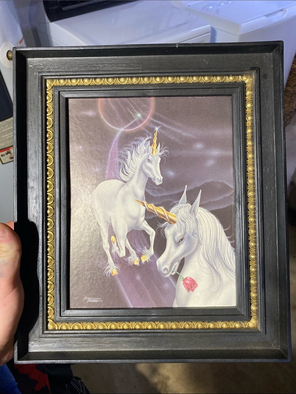 Framed Unicorn Art Print - White Unicorns with Gold Horns